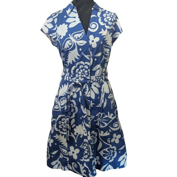 Boden Blue White Floral Cotton Dress Belted Mod Pinup Casual SZ 10 - Picture 1 of 8